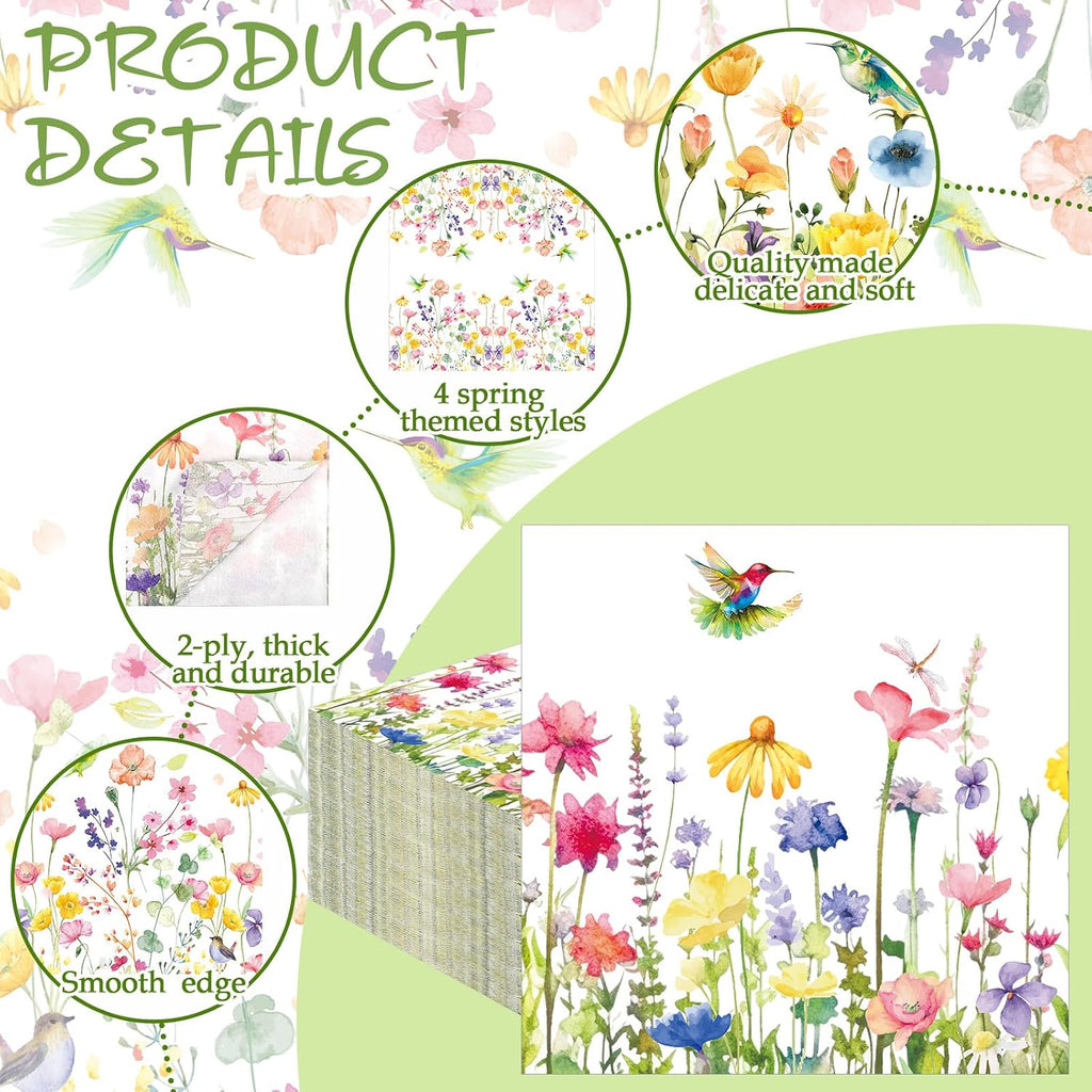 200 Pcs Pastel Wildflower Cocktail Napkins Disposable 4 Style 5"