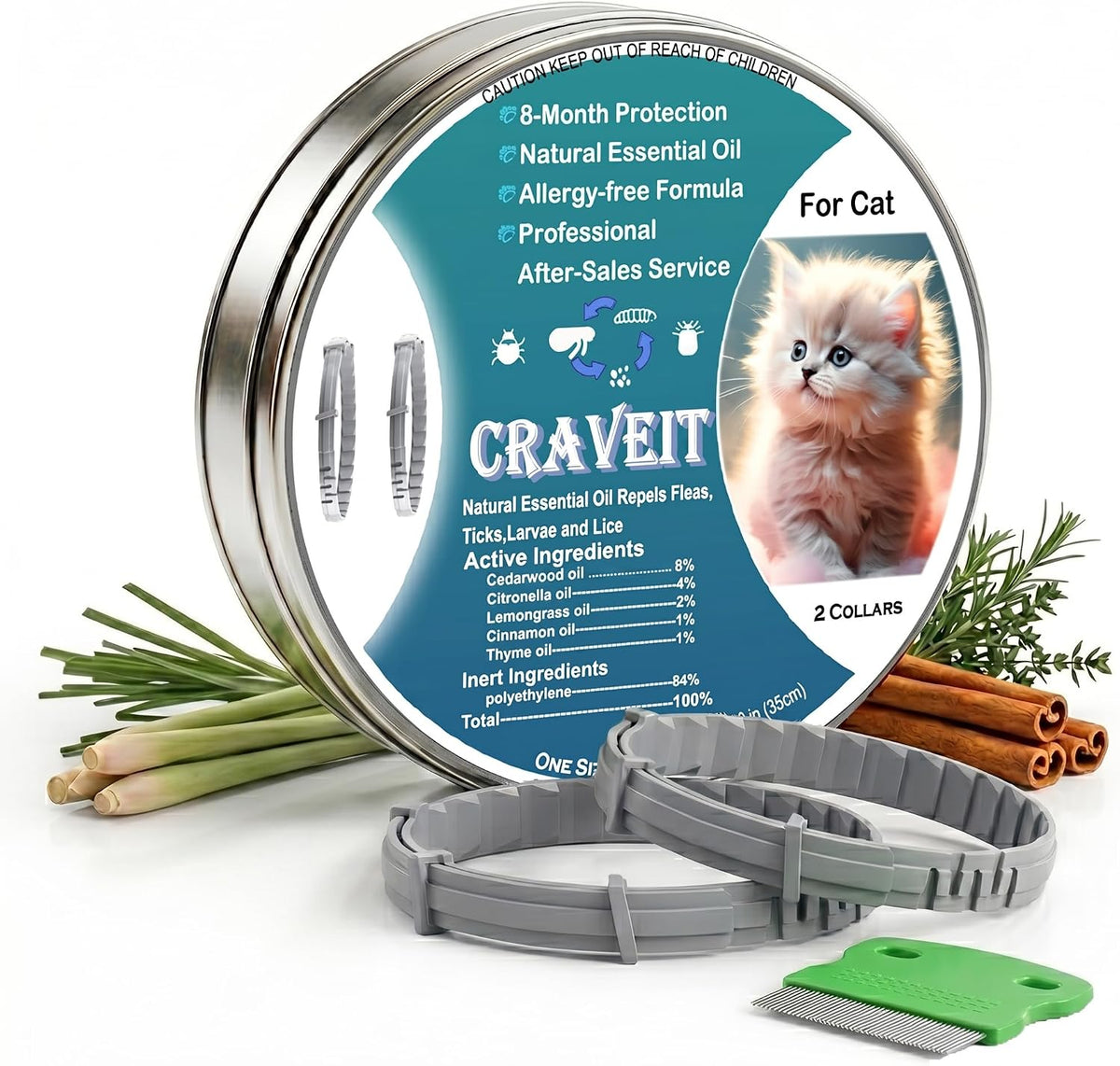 Natural Flea and Tick Collar for Cats, 4 Pack