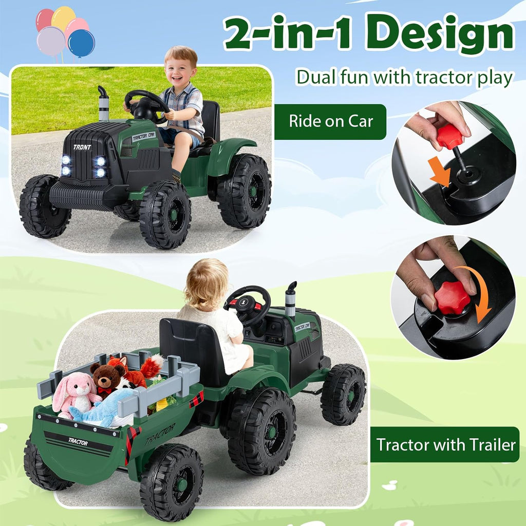 24V Ride On Tractor, Kids Battery Powered Vehicles with Detachable Trailer, Dual Motors, Remote Control, Soft Start &