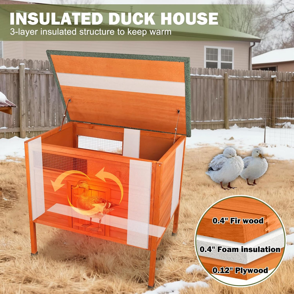 Insulated Duck Coop Warm Duck House for Outside with Larger Windows