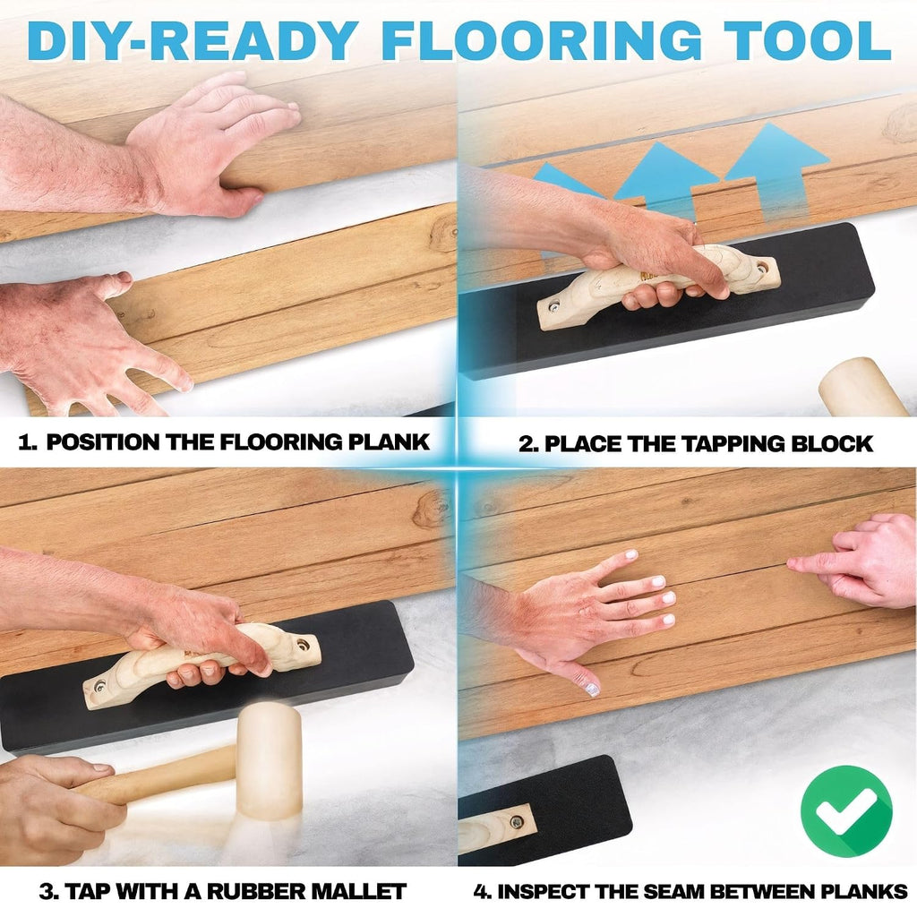 Professional Tapping Block for Laminate & Vinyl Plank Flooring Installation - Heavy Duty Wood Handle Tool for LVP