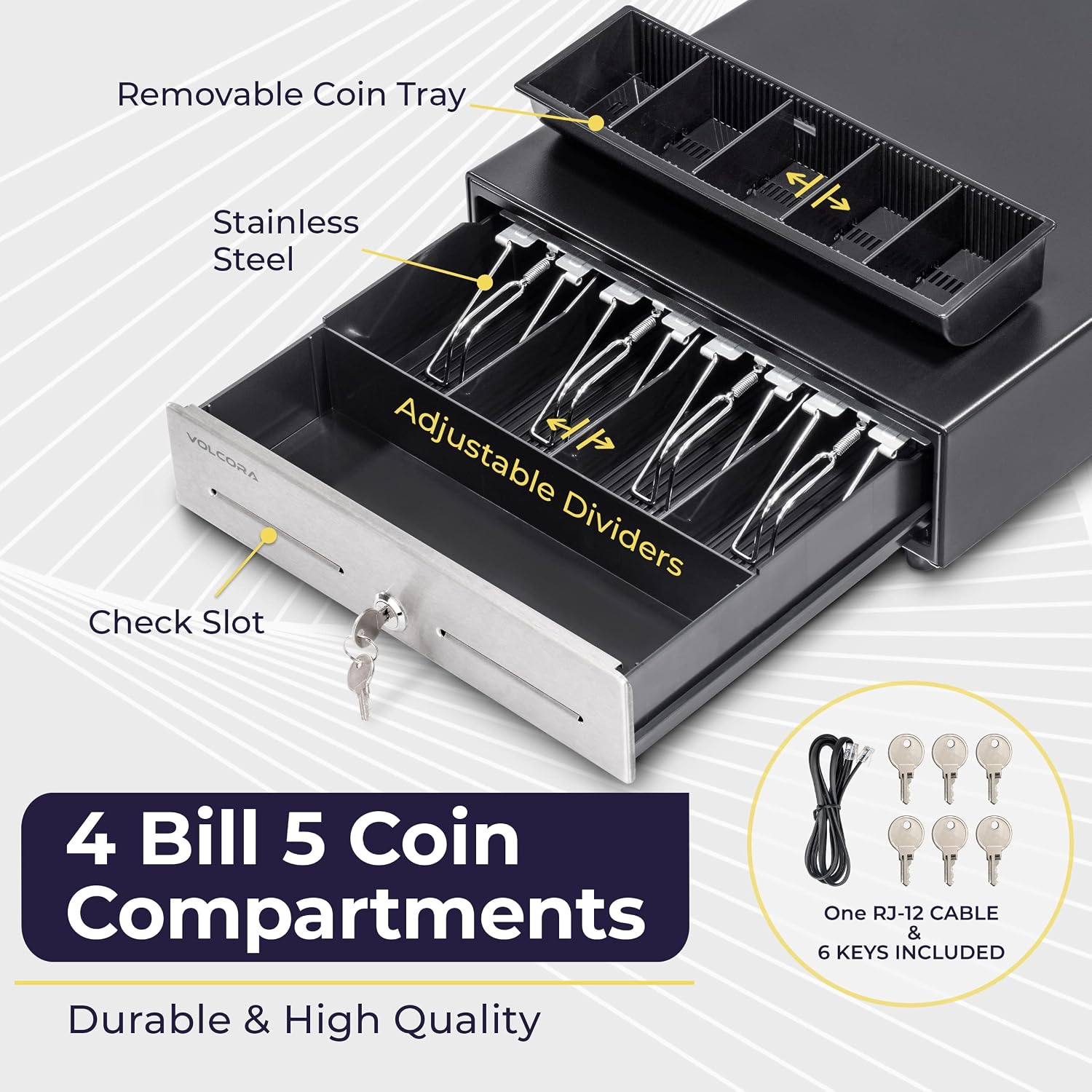 13" Cash Register Drawer for Point of Sale (POS) System, 4 Bill 5 Coin Cash Tray, Black and Stainless Steel Front