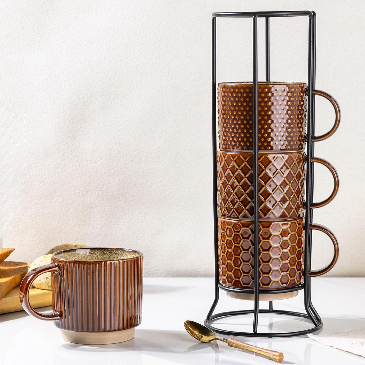 12oz Stackable Coffee Mugs with Stand, Ceramic Coffee Cups Set of 4