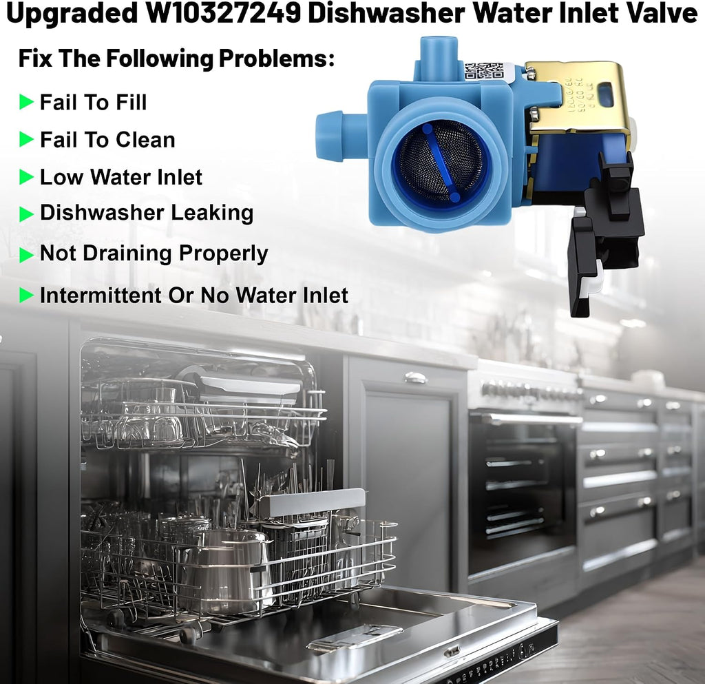 W10327249 Dishwasher Water Inlet Valve Replacement Compatible with Whirl-pool May-tag Ken-more Am-ana Kitch-ena-id Replaces W10327250 W11175771 AP6339872 PS12578165 W10872255 W10195047