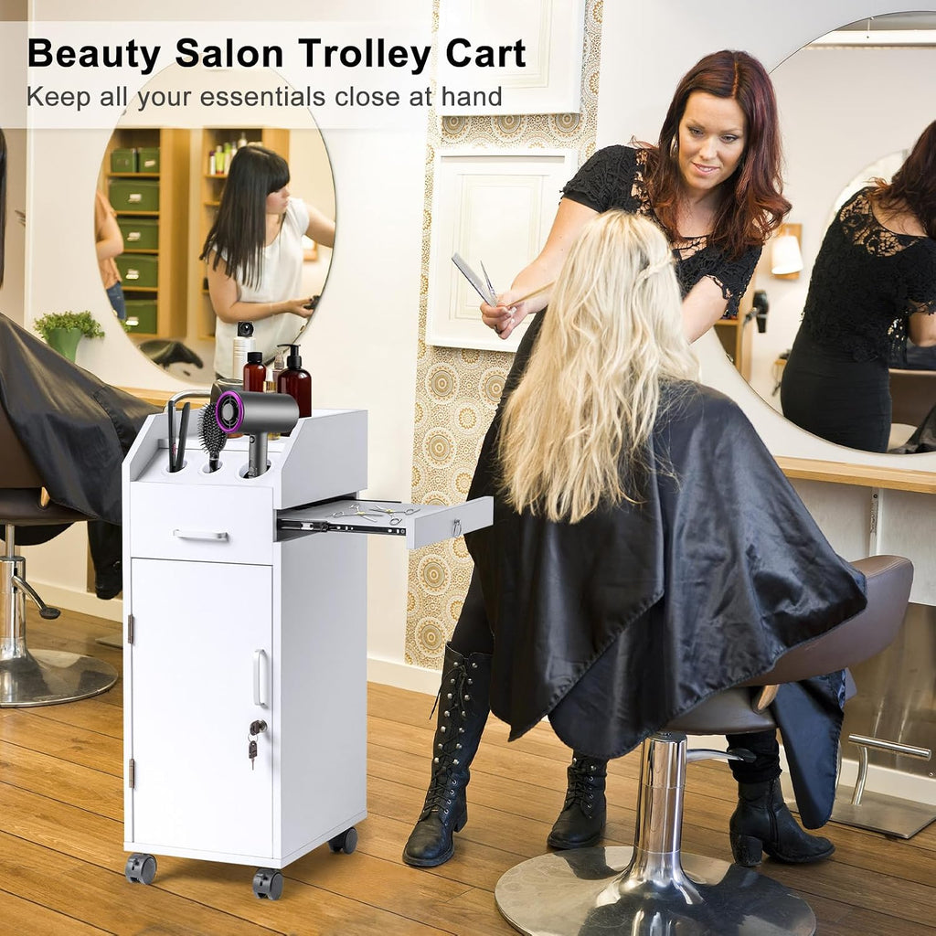 Salon Trolley Cart with 4 Trays, 3 Hair Dryer Holders, White | Lockable Beauty Storage Cabinet with 4 Drawers