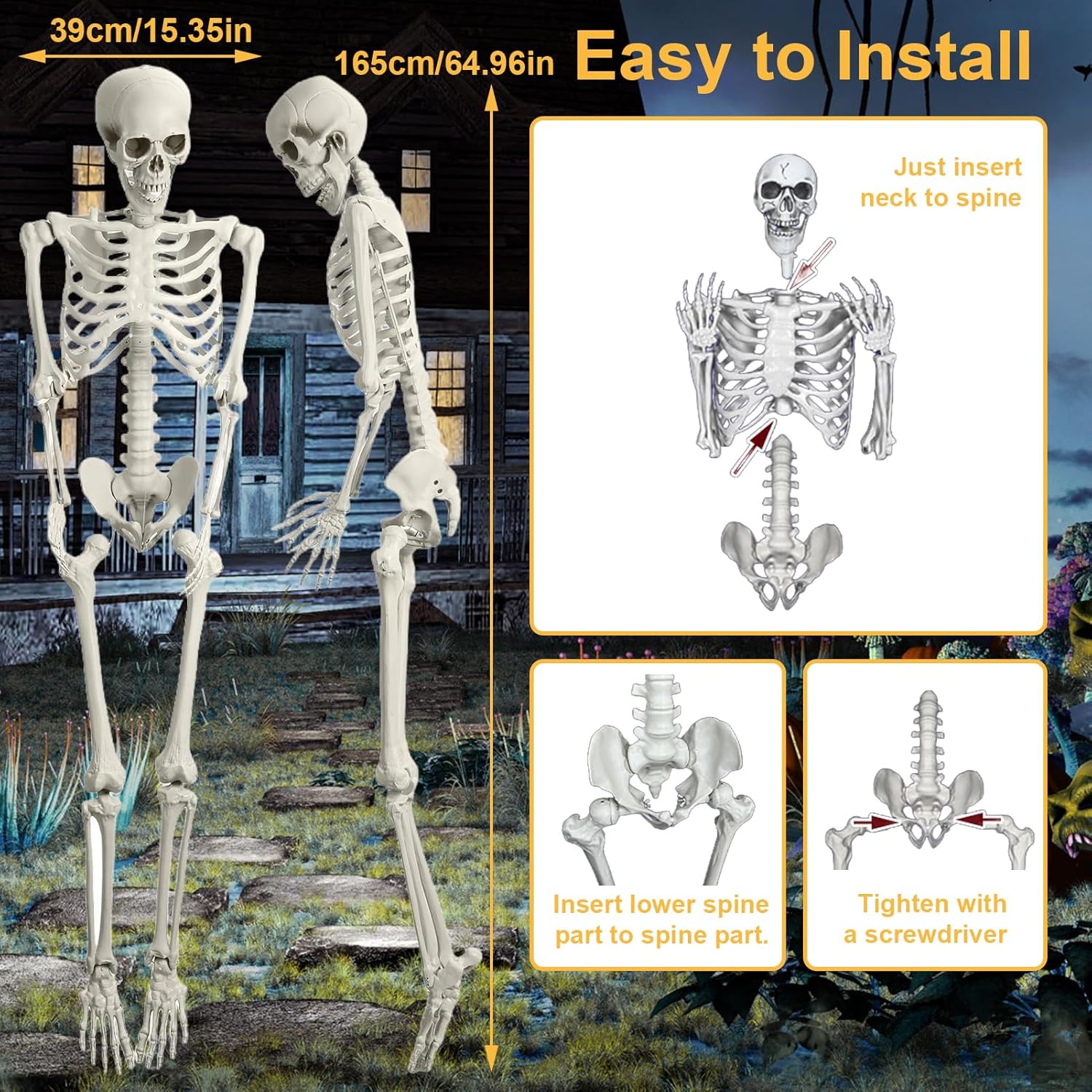 5.4Ft/170cm Posable Halloween Skeleton, Full Body Life Size Skeleton with Movable Joints for Indoor Outdoor Halloween