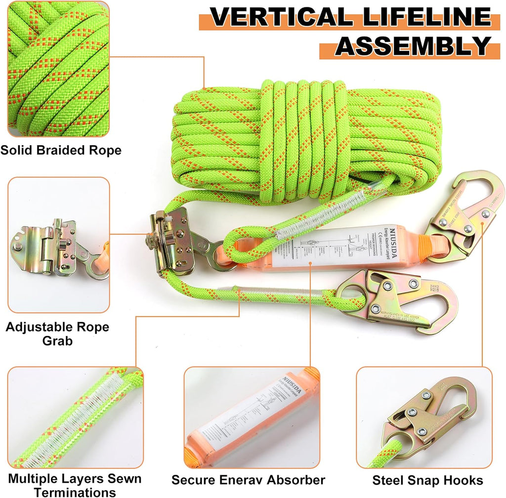 Rope Harness Safety Lanyard 50FT Fall Protection Vertical Roofing Rope | 50FT Anti-fall Safety Rope with Grab Snap