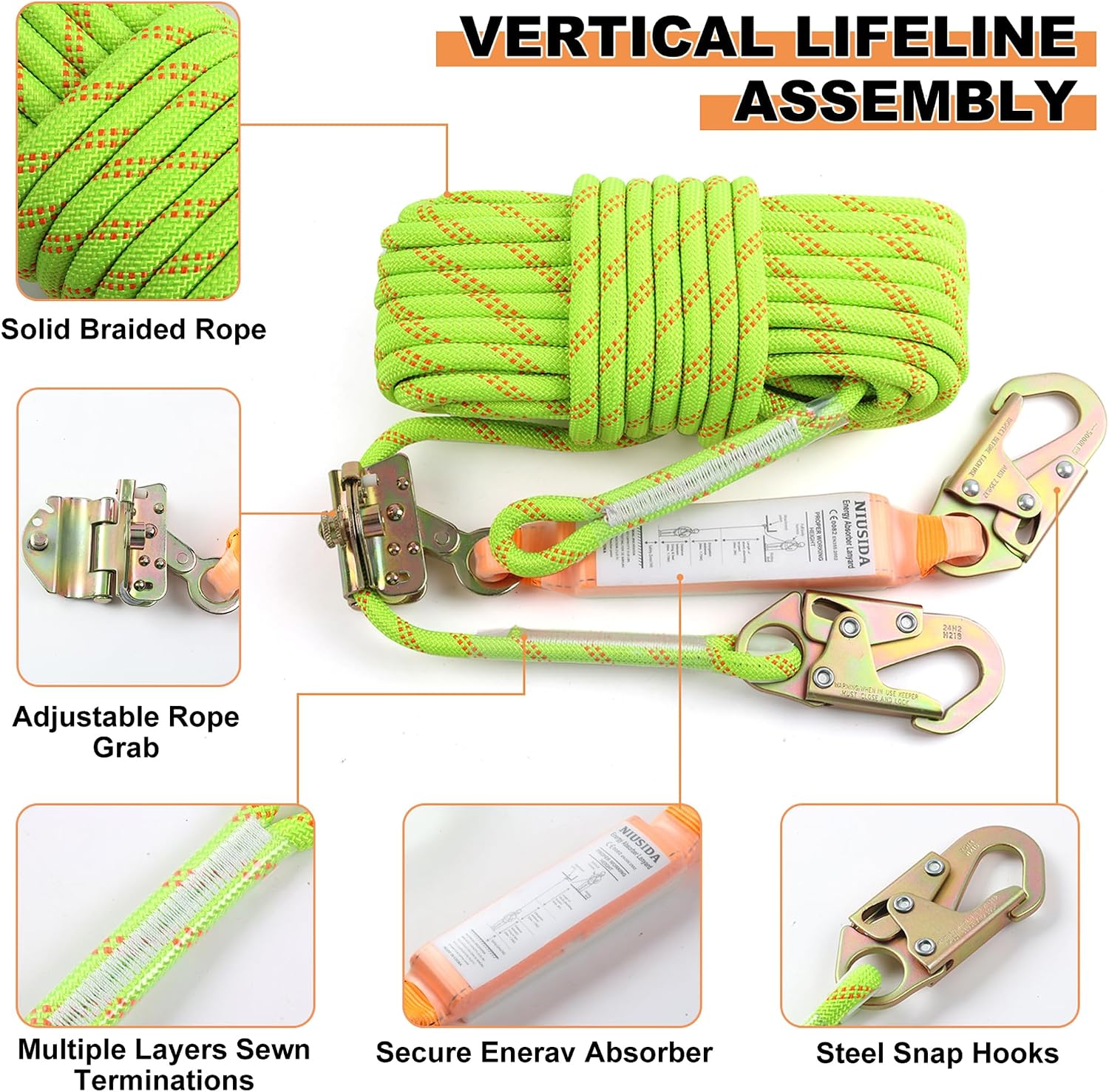 Rope Harness Safety Lanyard 50FT Fall Protection Vertical Roofing Rope | 50FT Anti-fall Safety Rope with Grab Snap