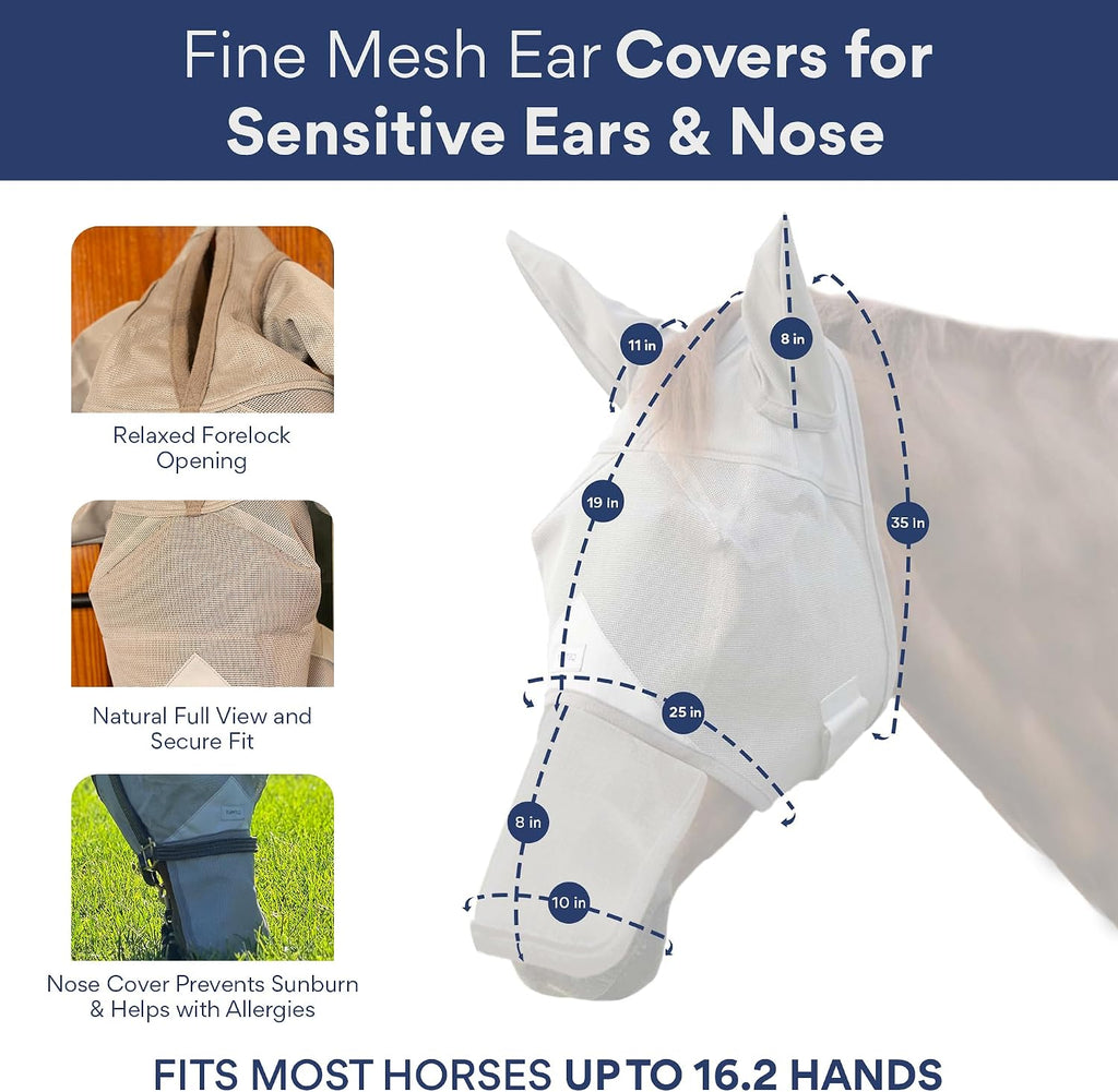 Horse Fly Mask with Nose Cover & Ears, UV Eye Protection, Medium/Large