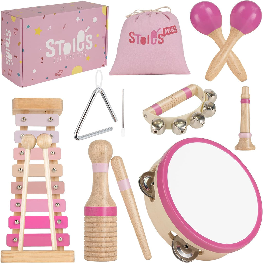 Stoie’s Pink Wooden Musical Instruments for Toddlers Ages 3+, Montessori Music Toy Set with Xylophone, Tambourine