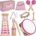 Stoie’s Pink Wooden Musical Instruments for Toddlers Ages 3+, Montessori Music Toy Set with Xylophone, Tambourine