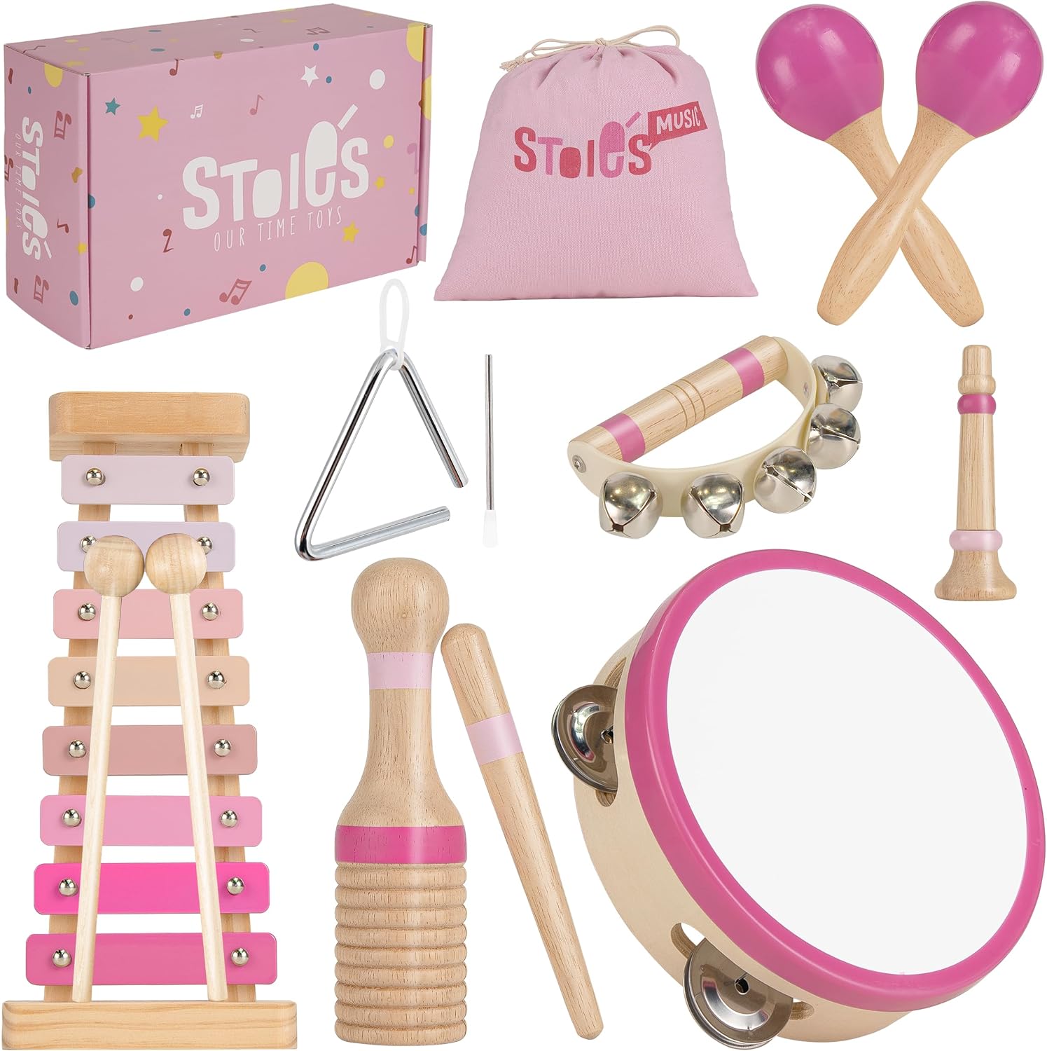 Stoie’s Pink Wooden Musical Instruments for Toddlers Ages 3+, Montessori Music Toy Set with Xylophone, Tambourine
