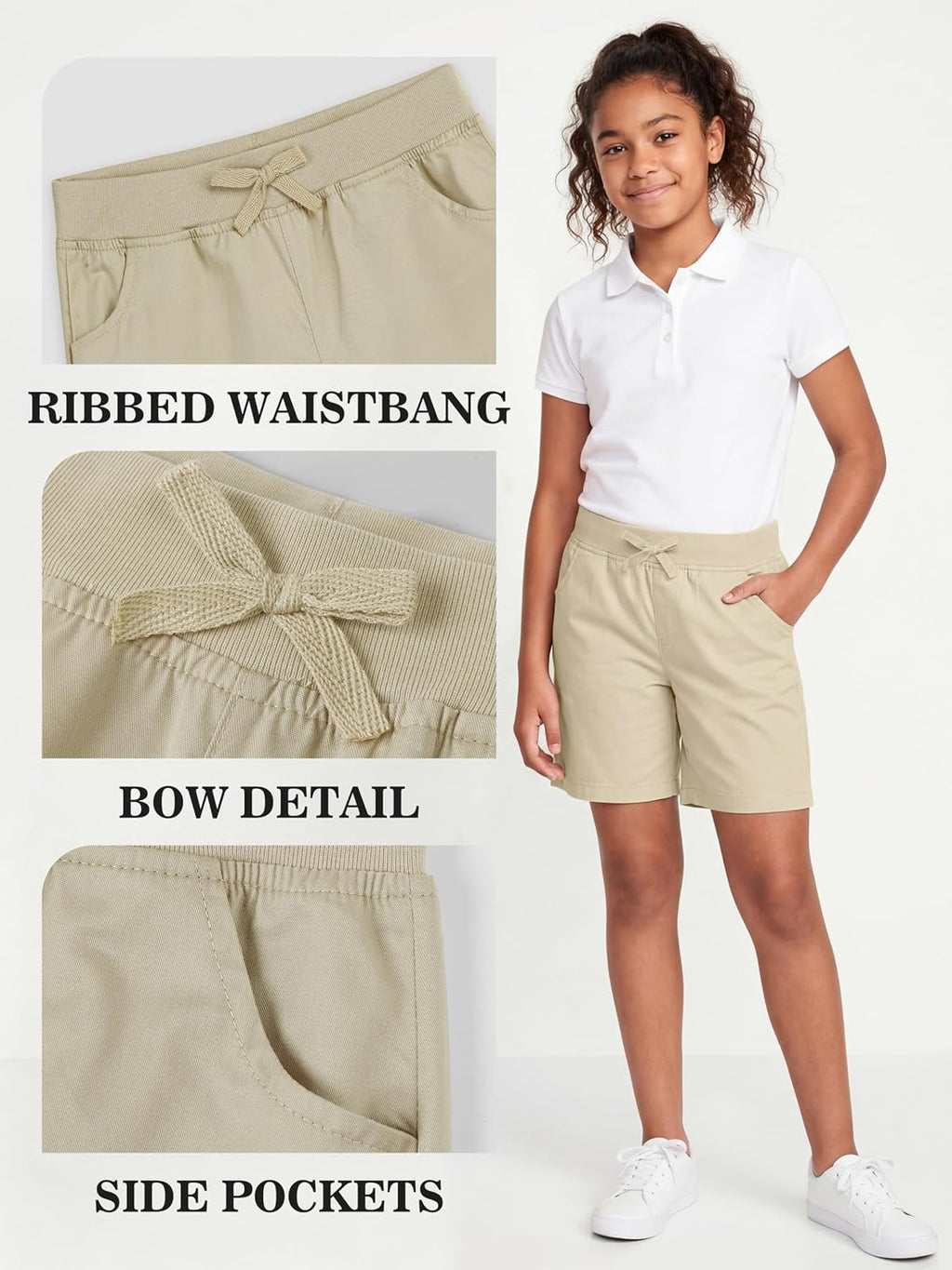 3 Pack Girls School Uniform Bermuda Shorts Pull-on Cotton Chino Elastic Waist Soft Play Shorts with Pockets 5-13Y