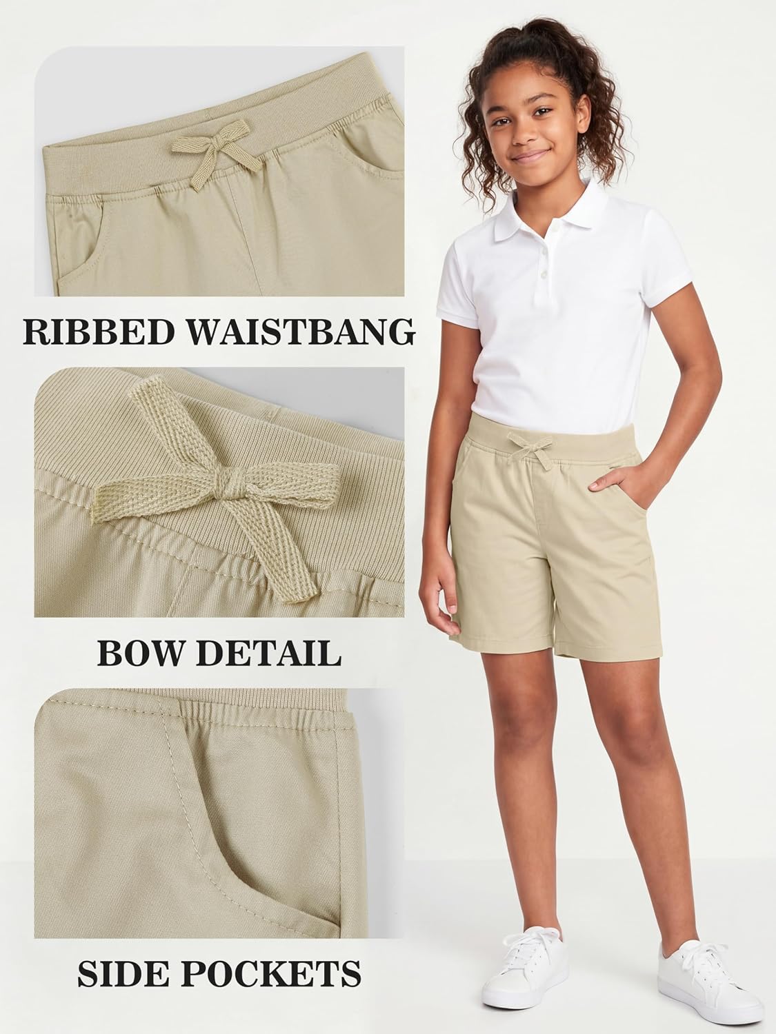 3 Pack Girls School Uniform Bermuda Shorts Pull-on Cotton Chino Elastic Waist Soft Play Shorts with Pockets 5-13Y