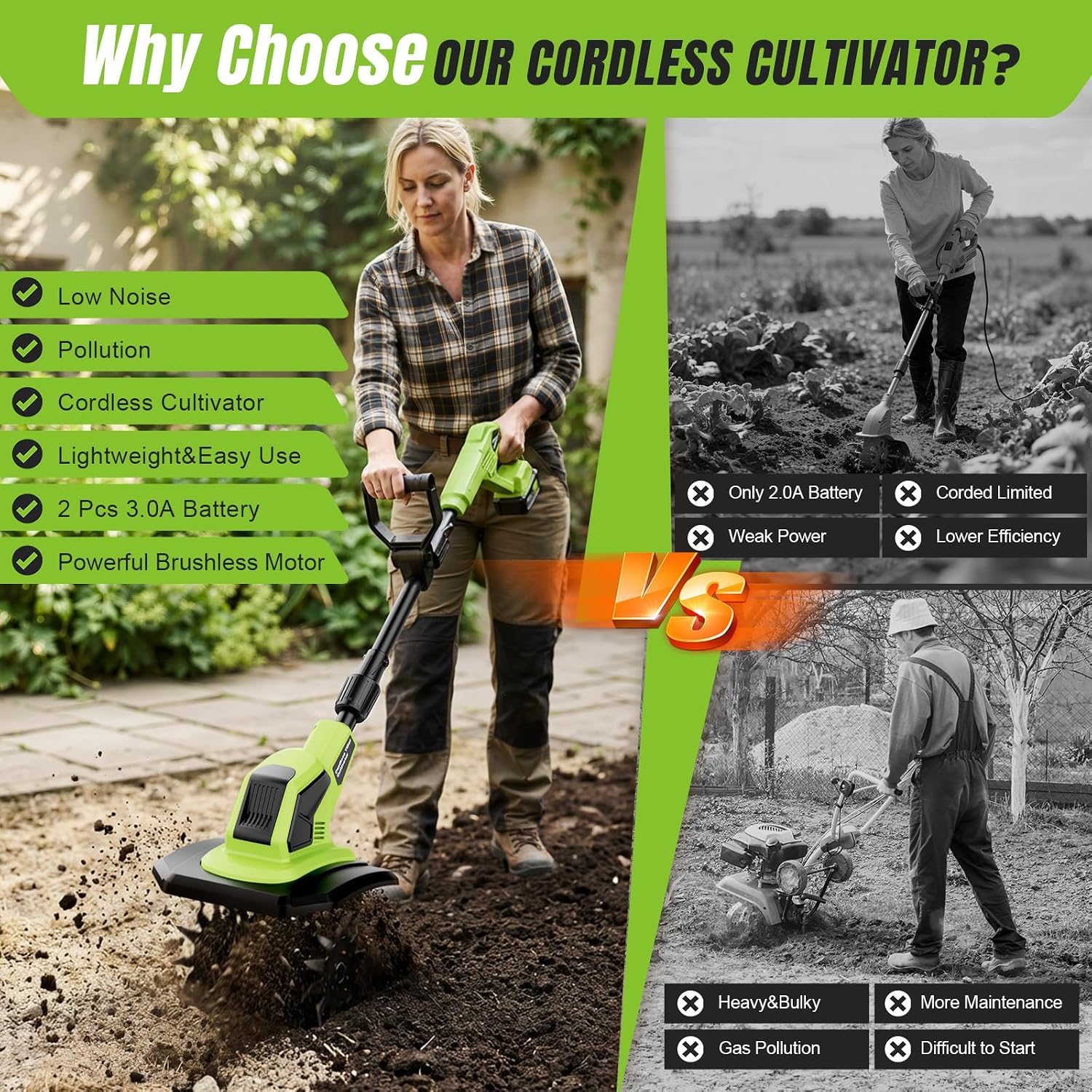 6000mAh Cordlees Tiller Cultivator for Gardening