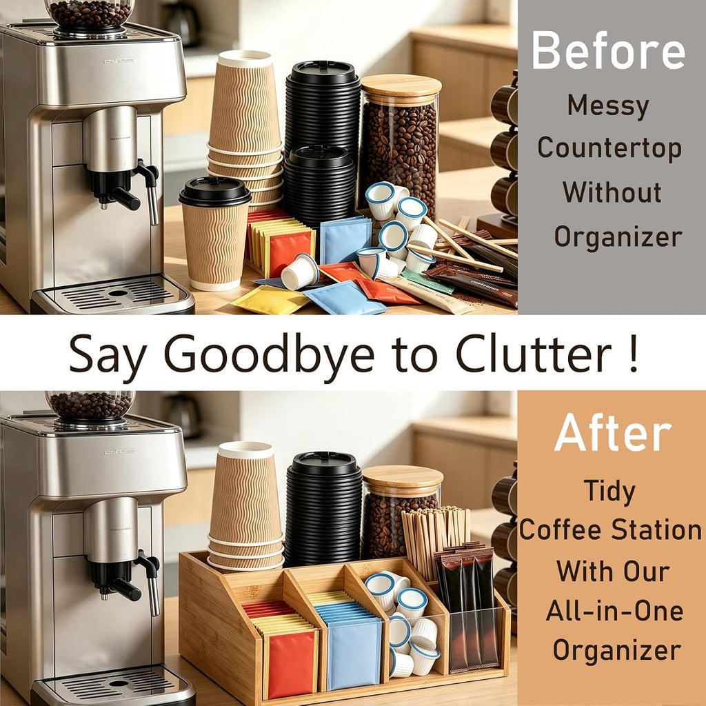 Bamboo Coffee Station Organizer for Countertop 6 Compartment Adjustable
