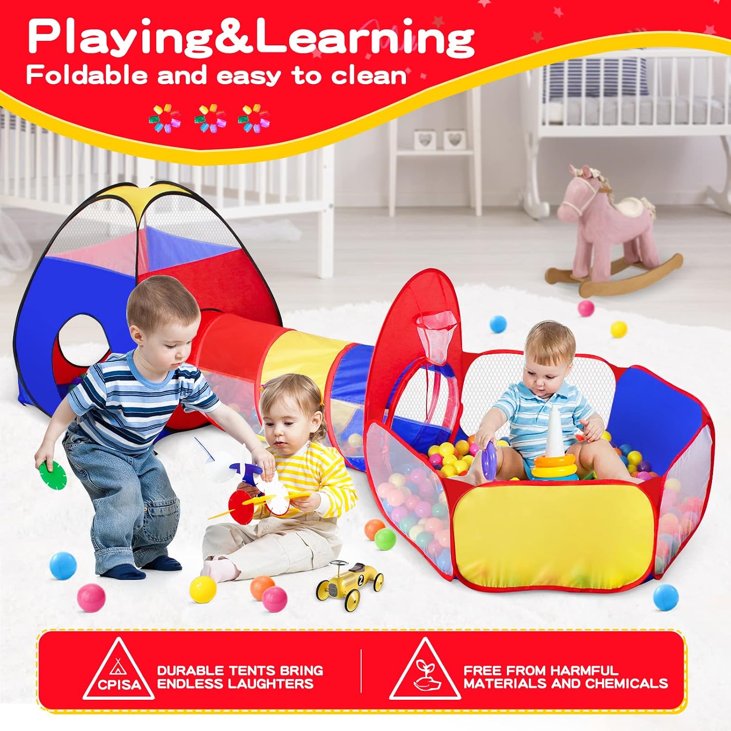 3 in 1 Kids Play Tent for Toddler with Baby Ball Pit and Play Tunnel, Children Indoor Outdoor Playhouse with Climbing
