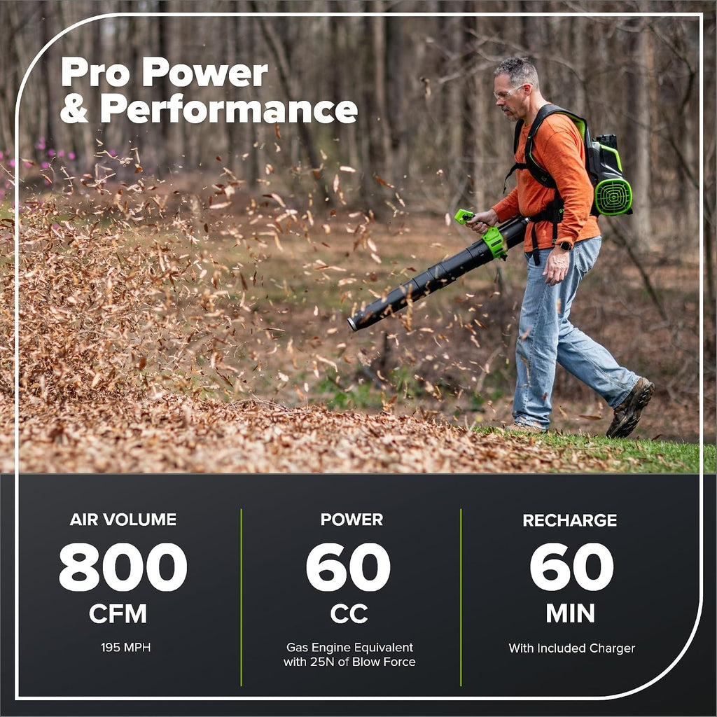 80V 800 CFM Cordless Backpack Blower with Leaf Tarp - 4.0Ah Battery & Rapid Charger, Cruise Control, Turbo Button, 4