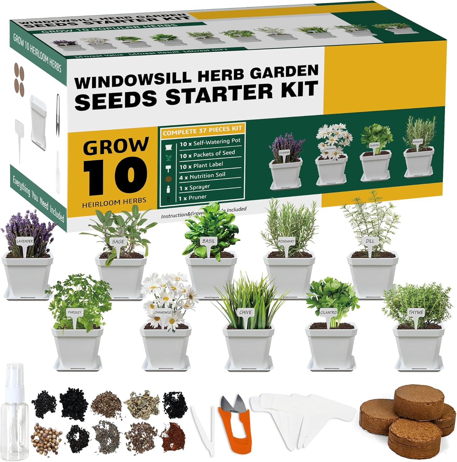 10 Herb Seeds Garden Starter Grow Kit with White Pots, Markers, Nutritional Soil, Watering, Herb Clipper, Complete