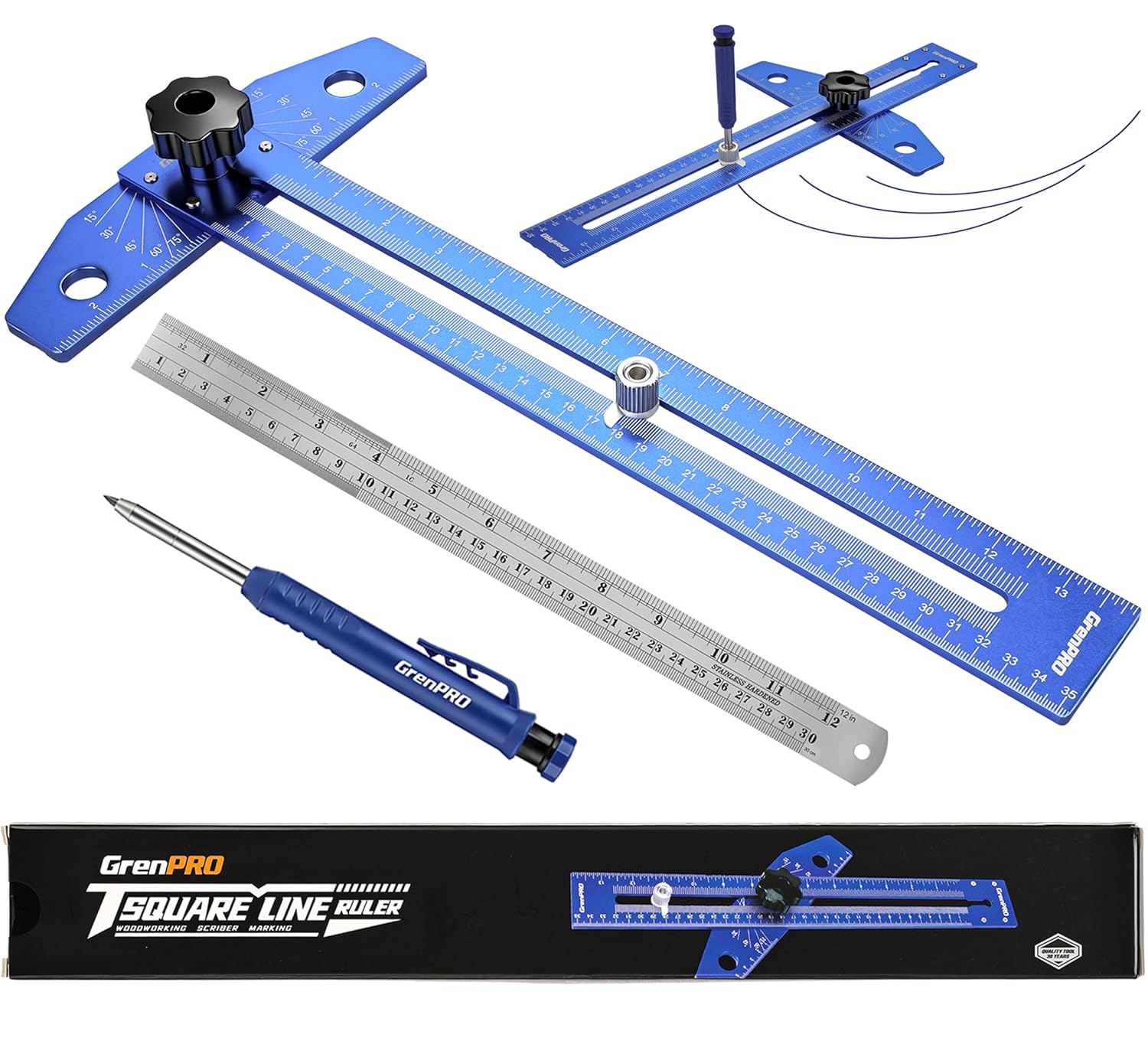 Speed Combination T-Square Woodworking Carpenter Angle Finder Ruler | Includes Carpenter Pencil & Steel Ruler