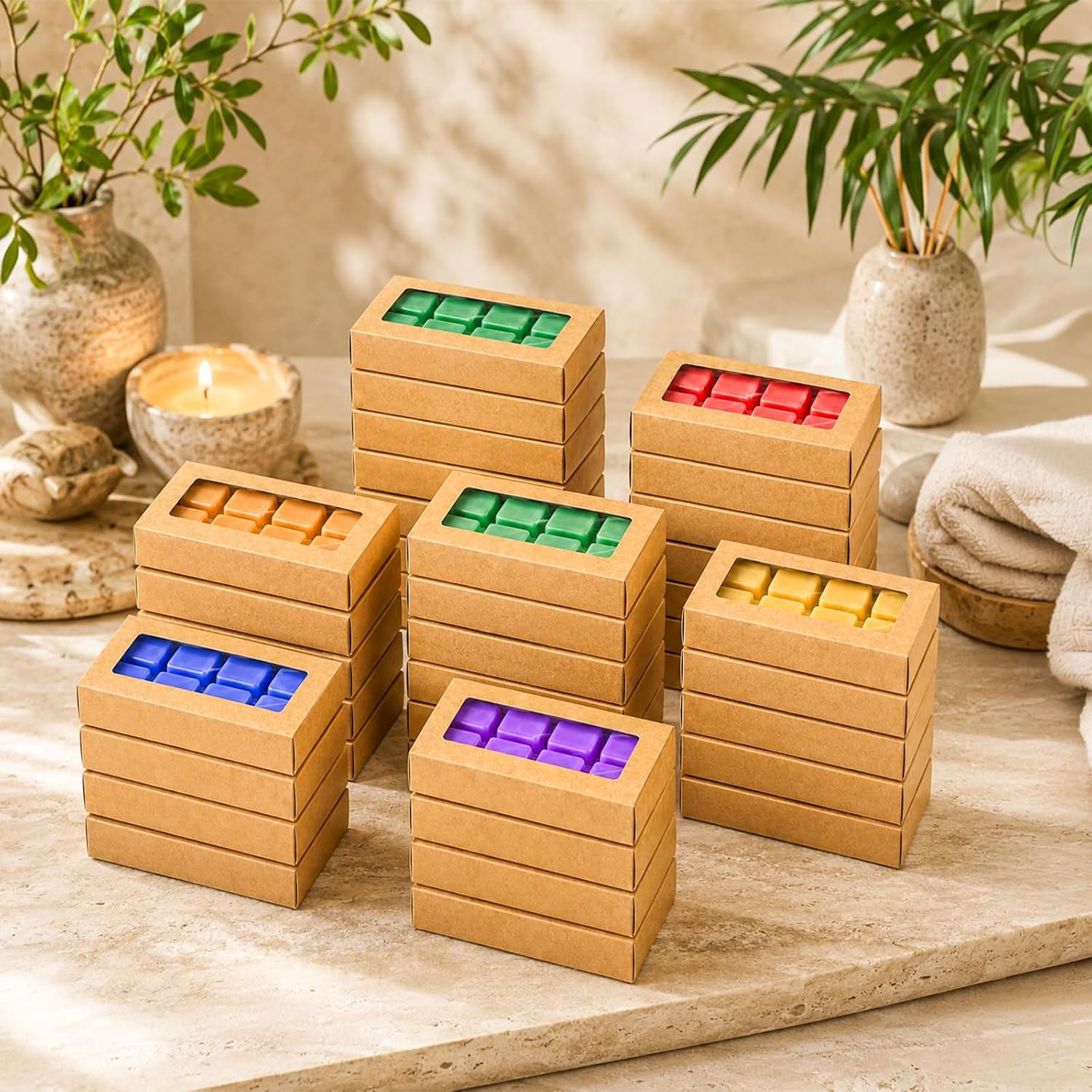 100 Pack Wax Melt Containers Bulk, Brown Kraft Paper Gift Boxes with Clear Window and 8-Cavity Plastic Wax Melt Molds