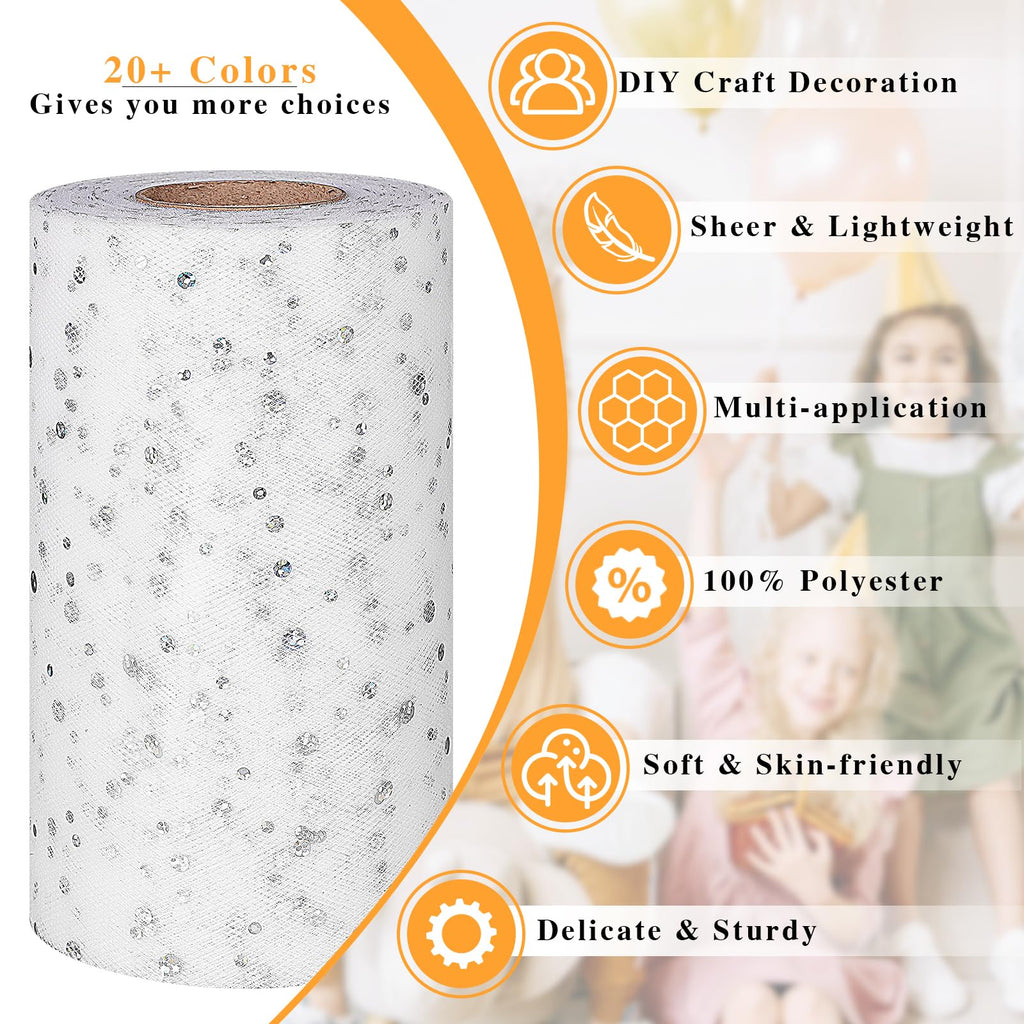 Glitter Tulle Rolls, 6” by 50 Yards Tulle Fabric Rolls(White)
