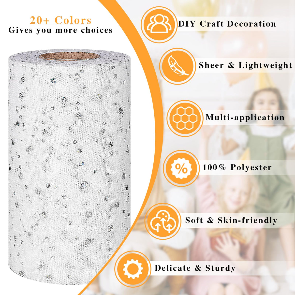 Glitter Tulle Rolls, 6” by 50 Yards Tulle Fabric Rolls(White)