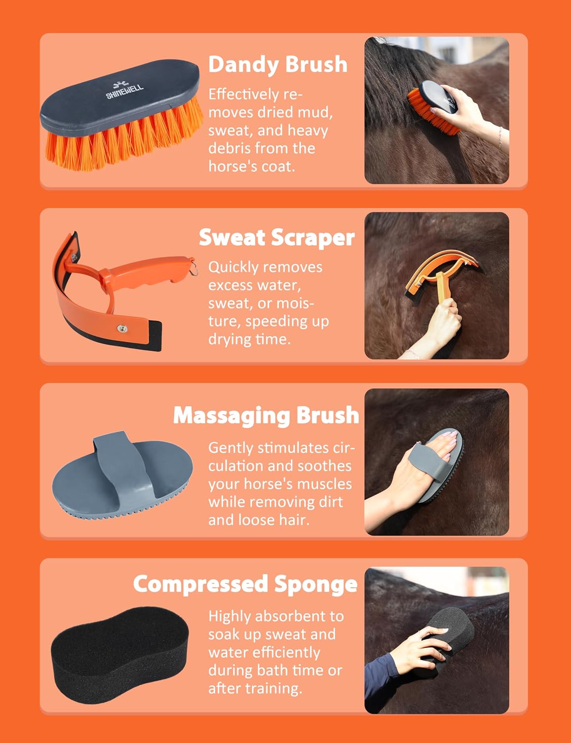Horse Grooming Kit, Complete Horse Brush Set, Equine Grooming Tools for Shedding & Daily Care Orange