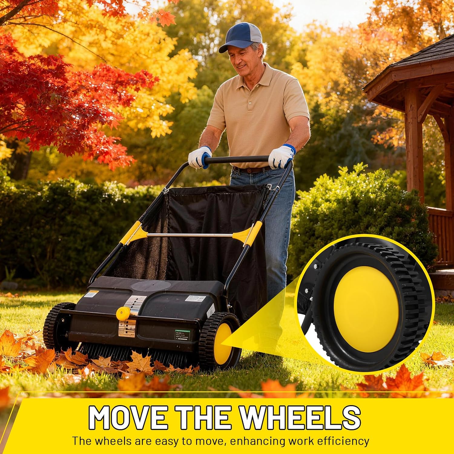 21 Inch Push Lawn Sweeper, Hand Powered Leaf & Grass Sweeper with 7 Cu Ft Hopper, 4 High-Speed Brushes, Height