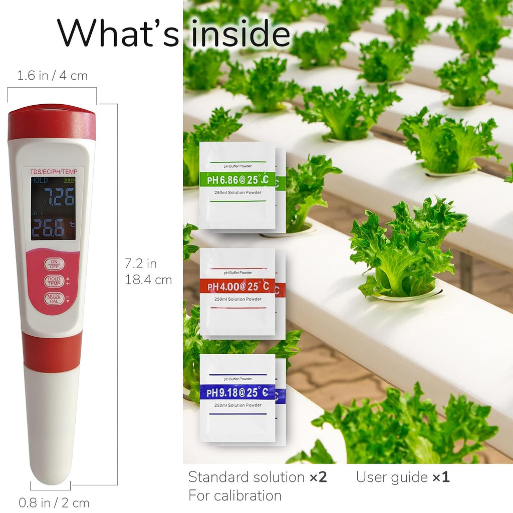 4-in-1 pH Meter TDS EC Meter for Hydroponics Growing System, Digital Water pH Tester for Hydroponic Nutrient Plant