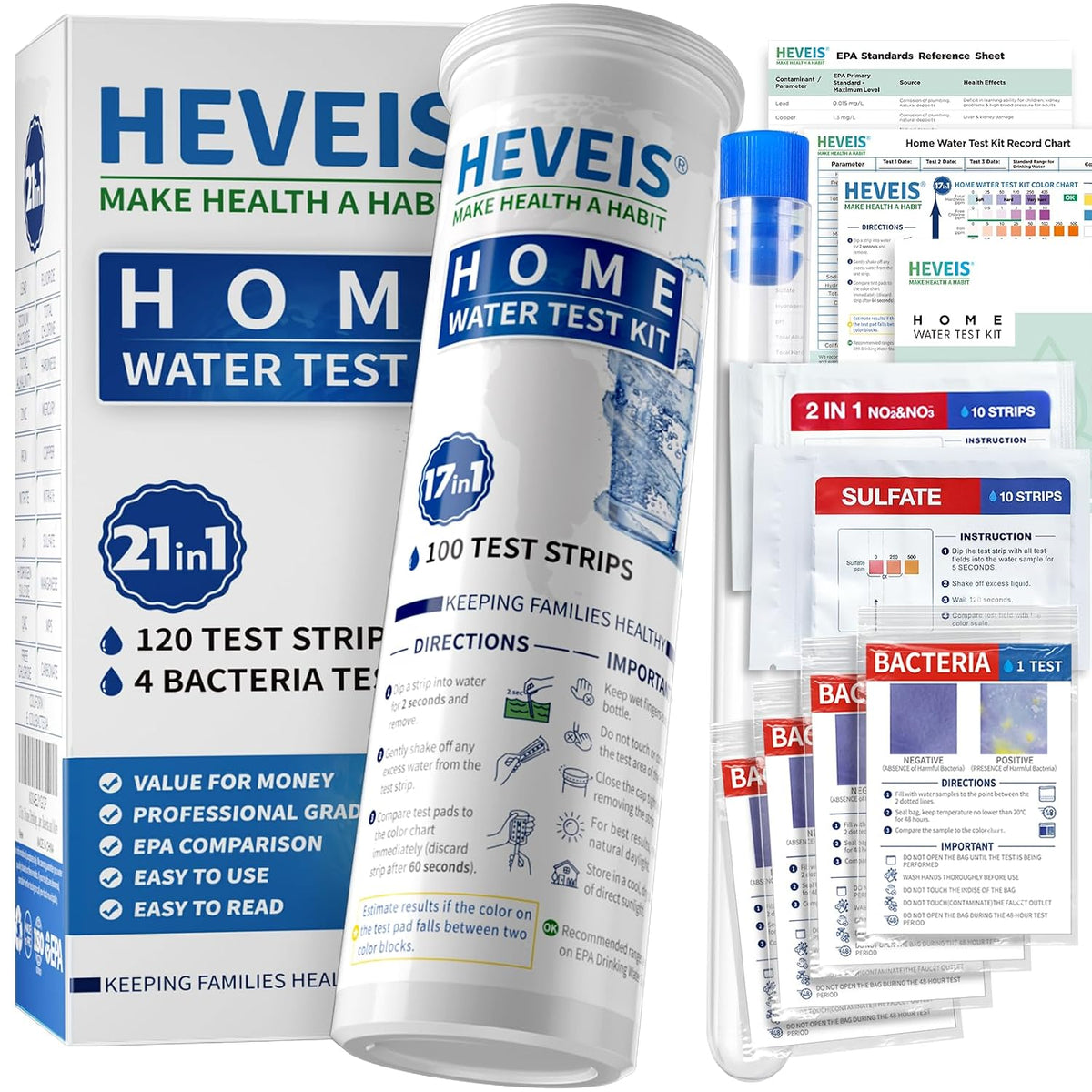21-in-1 Home Drinking Water Testing Kit - 120 Strips + 4 Bacteria Tests - Tap and Well Water Test Kit, Easy to Test