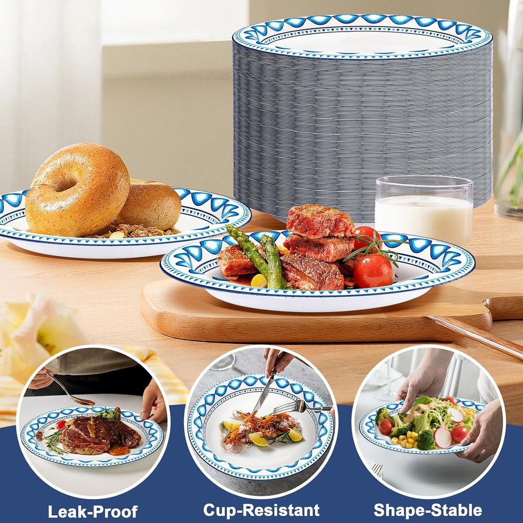 200 Pack 8.5 Inch Disposable Heavy Duty Blue Printed Paper Plate