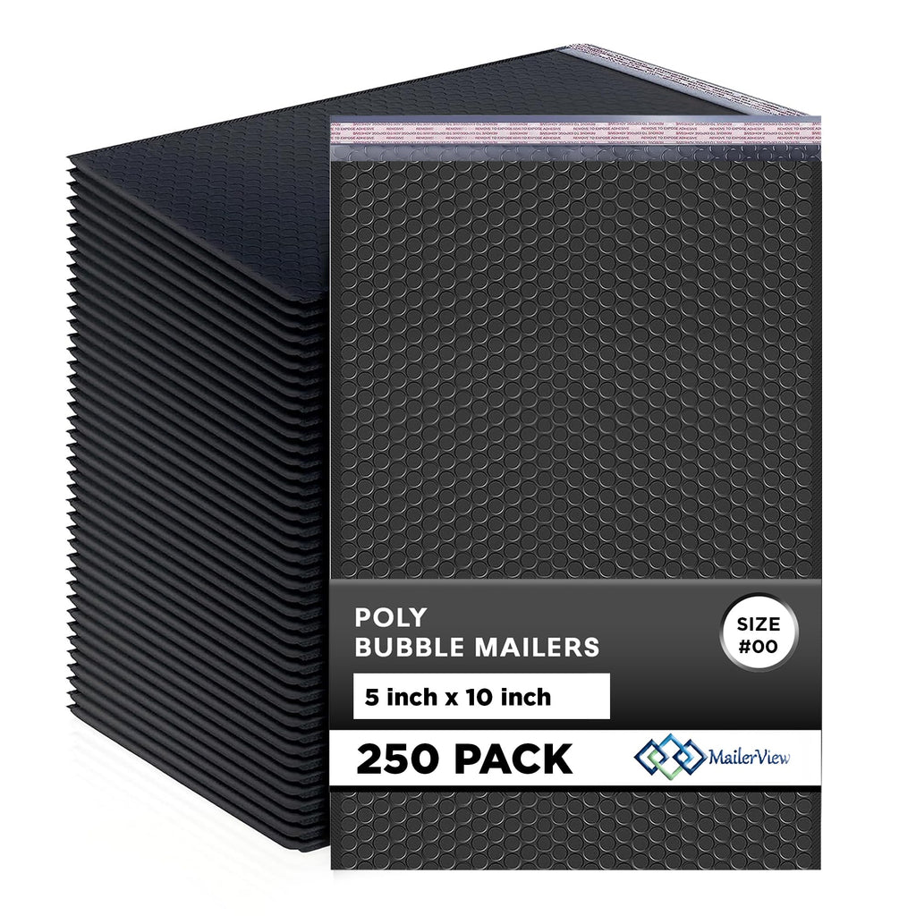 Black Bubble Mailers 5x10, Self Seal Poly Padded Envelopes #00, 250 Pack