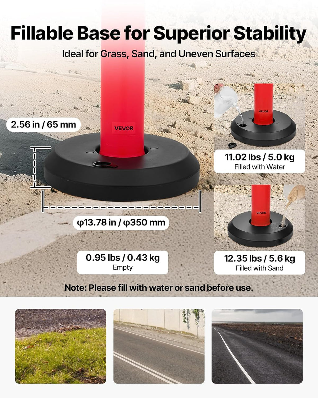 2 Pack Traffic Delineator Posts, 45 inches Traffic Safety Cones with Fillable Base and Reflective Strips, Heavy Duty