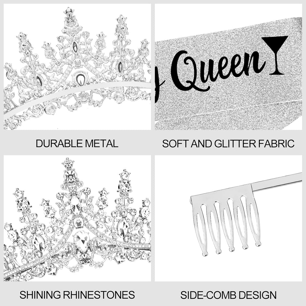 Birthday Queen Crown and Sash Set, Crystal Rhinestone Tiara, Silver Glitter Birthday Party Accessories Crown Princess