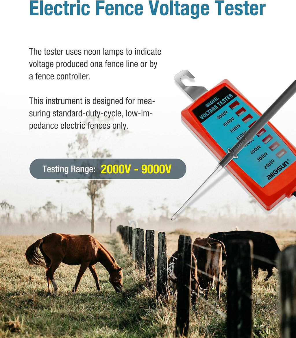 ALLOSUN GK503C NEON Fence Electric Voltage Tester Max 9000V,Electric Fence Fault Finder, Red