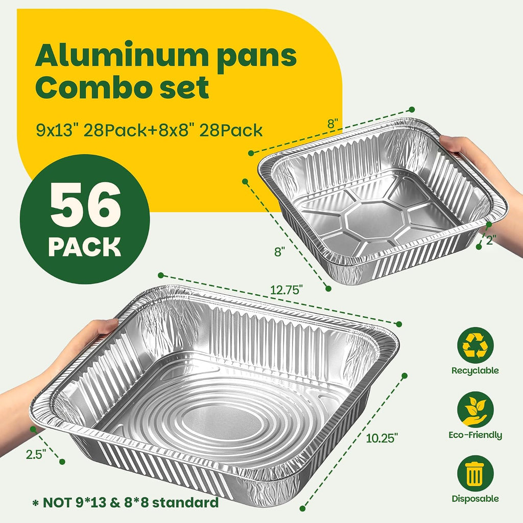 Aluminum Pans [56 Pack], Foil Pans 9x13 [28pc] & 8x8 [28pc] Baking Pans Set