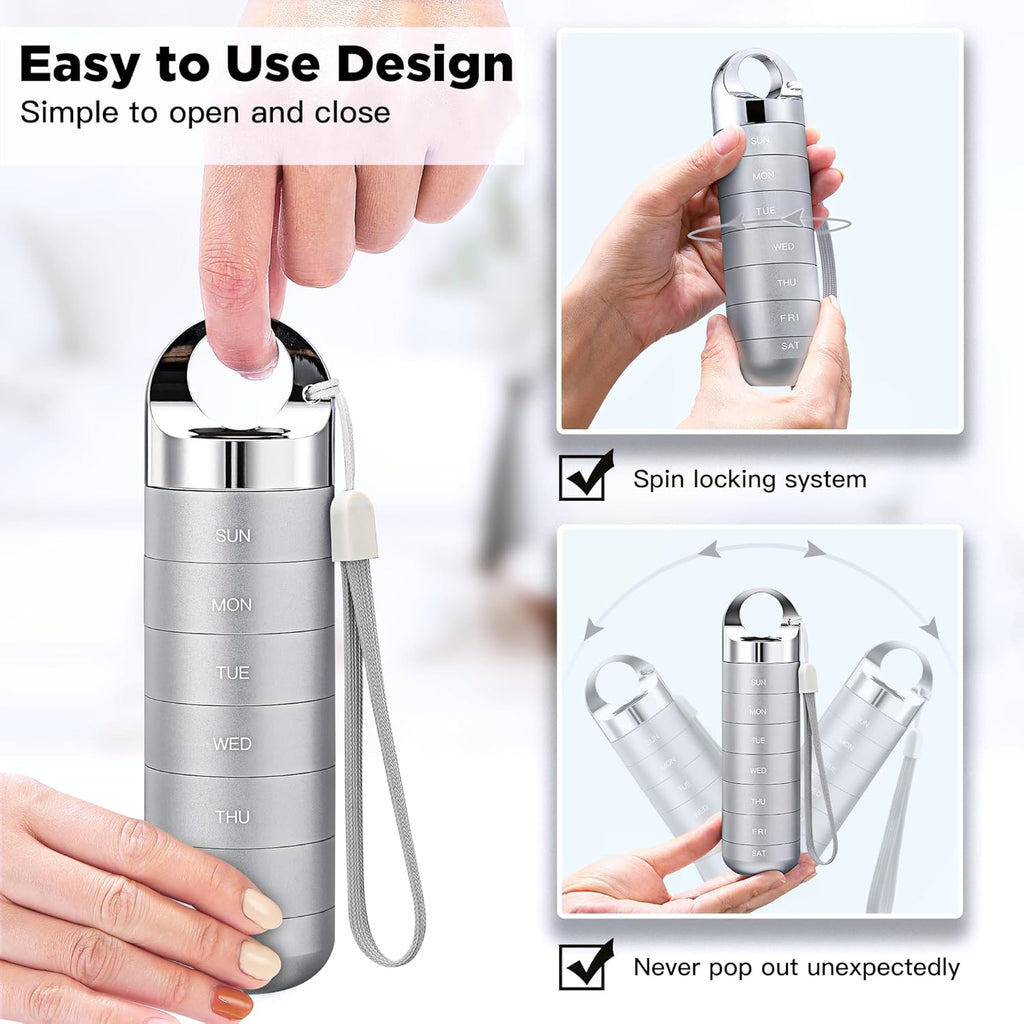 Metal Travel Pill Organizer, Portable Waterproof Weekly Pill Box, Large Aluminum Alloy Pill Case Container, BPA Free
