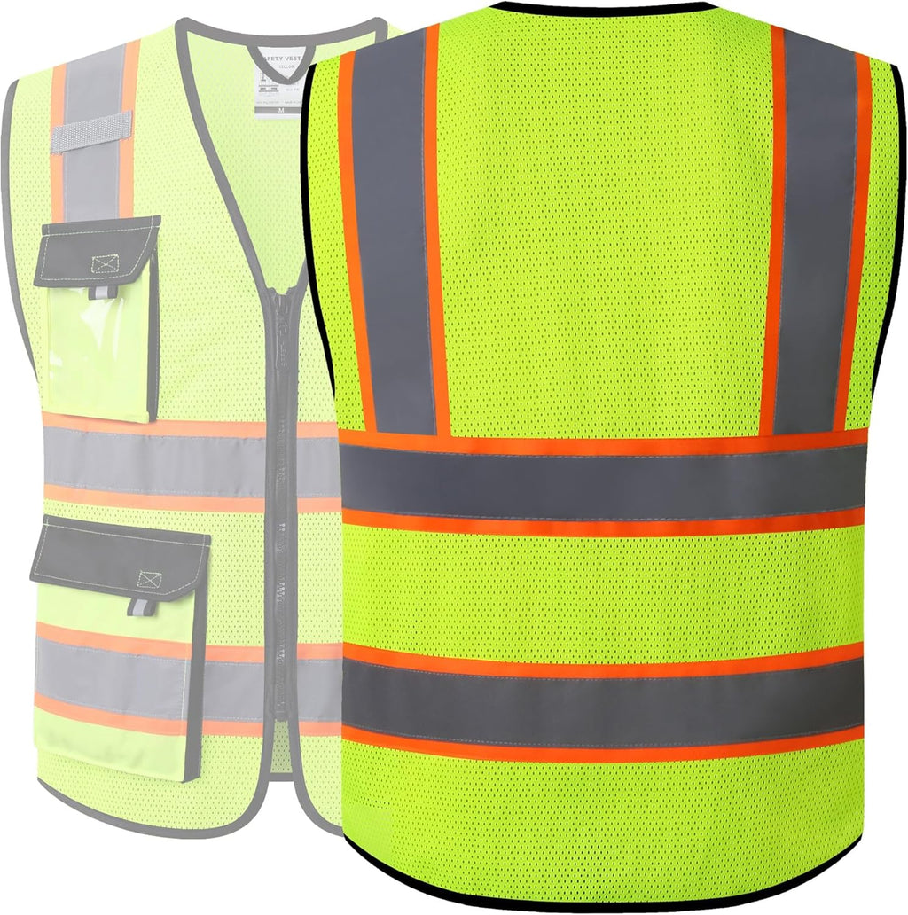 Safety Vest for Men Women Hi Vis Reflective Vest JK220 Yellow XL | ANSI Class 2, 5 utility Pockets 4 Reflective
