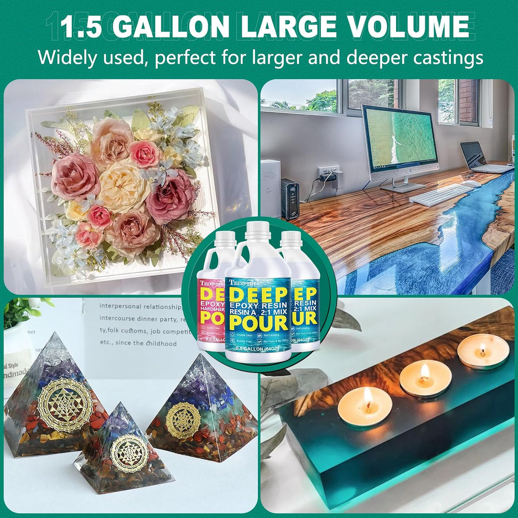Deep Pour Epoxy Resin, 1.5 Gallon Epoxy Resin Kit for 2-4" Pour Depths, Crystal Clear & High Gloss, Bubble-Free