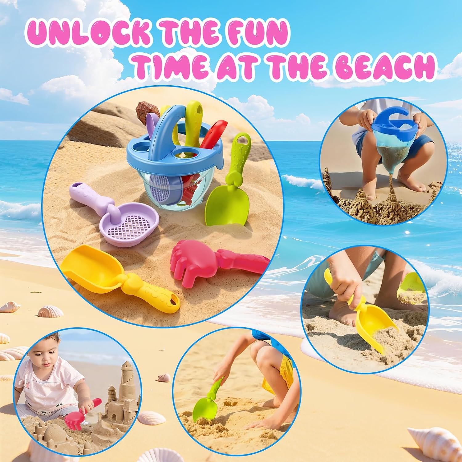 Beach Toys for Kids, 5Pcs Sand Spilling Funnel,Set with Shovel Rake Siftersand Spoon,Outdoor Sandbox Toys for