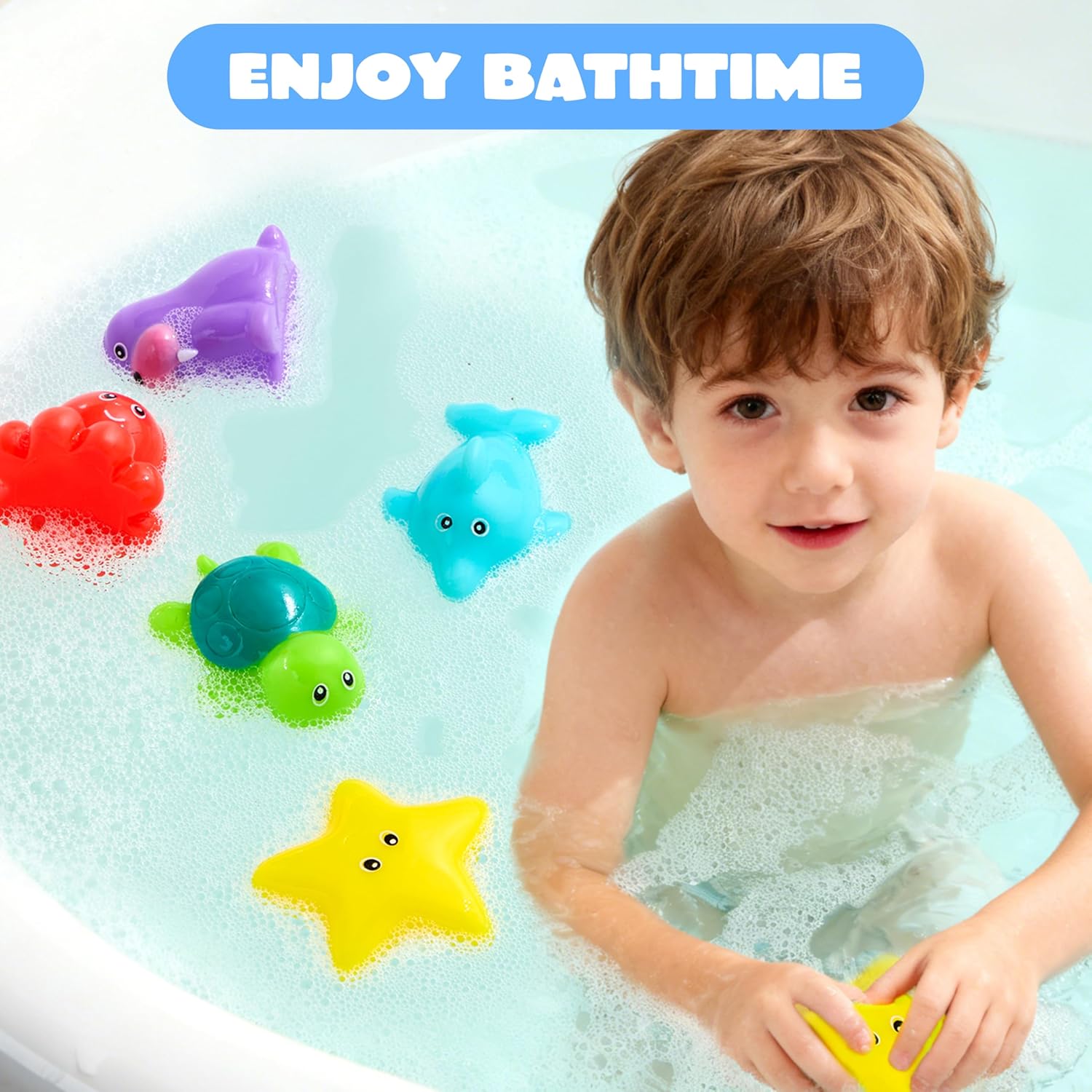 6 Pcs Sea Animal Bath Toys, Sealed & No-Hole & Mold Free Bathtub Toys for Kids, Non-Toxic & Soft Water Vehicles Toys