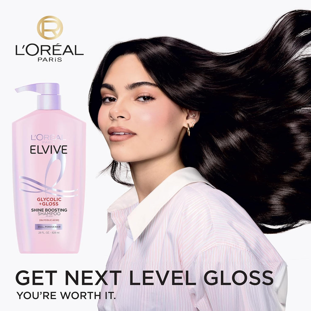 Elvive Glycolic + Gloss Shine Boosting Shampoo and Conditioner Set, Cleanses and Smooths Dull, Porous Hair Into