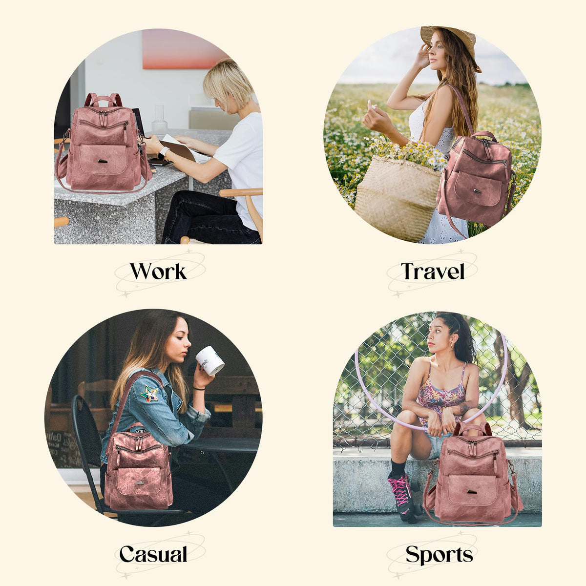 Backpack Purse for Women, PU Leather Ladies Backpack, Pink