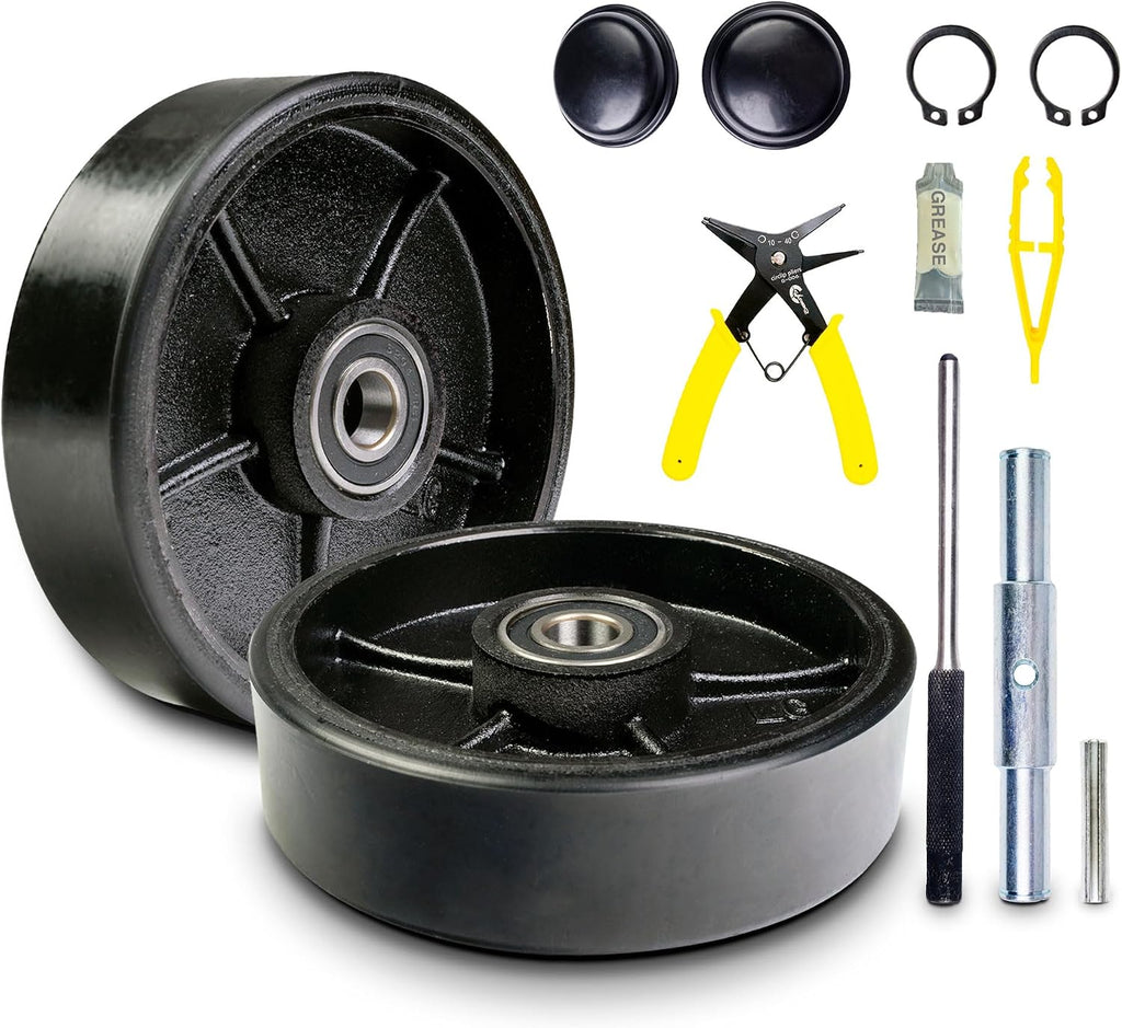 Pallet Jack/Truck Steering Wheels Set with Axle, Fasteners and Protective Caps (4 pcs) 7" x 2" with Bearings ID 20mm