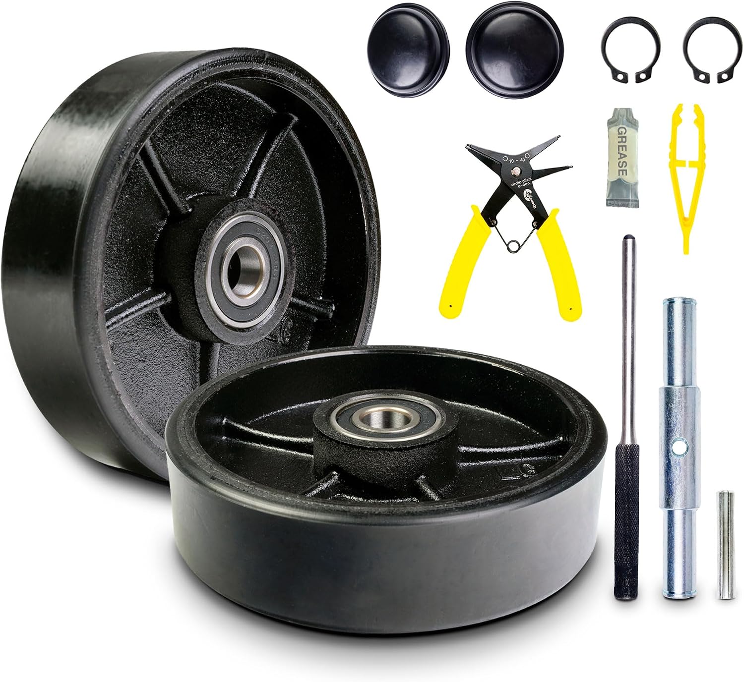 Pallet Jack/Truck Steering Wheels Set with Axle, Fasteners and Protective Caps (4 pcs) 7" x 2" with Bearings ID 20mm