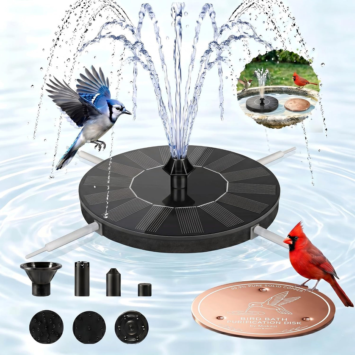 Solar Fountain for Bird Bath Set: 99.99% Pure Copper Water Purification Disc & 1.4W Floating Water Pump Set,7 Spray