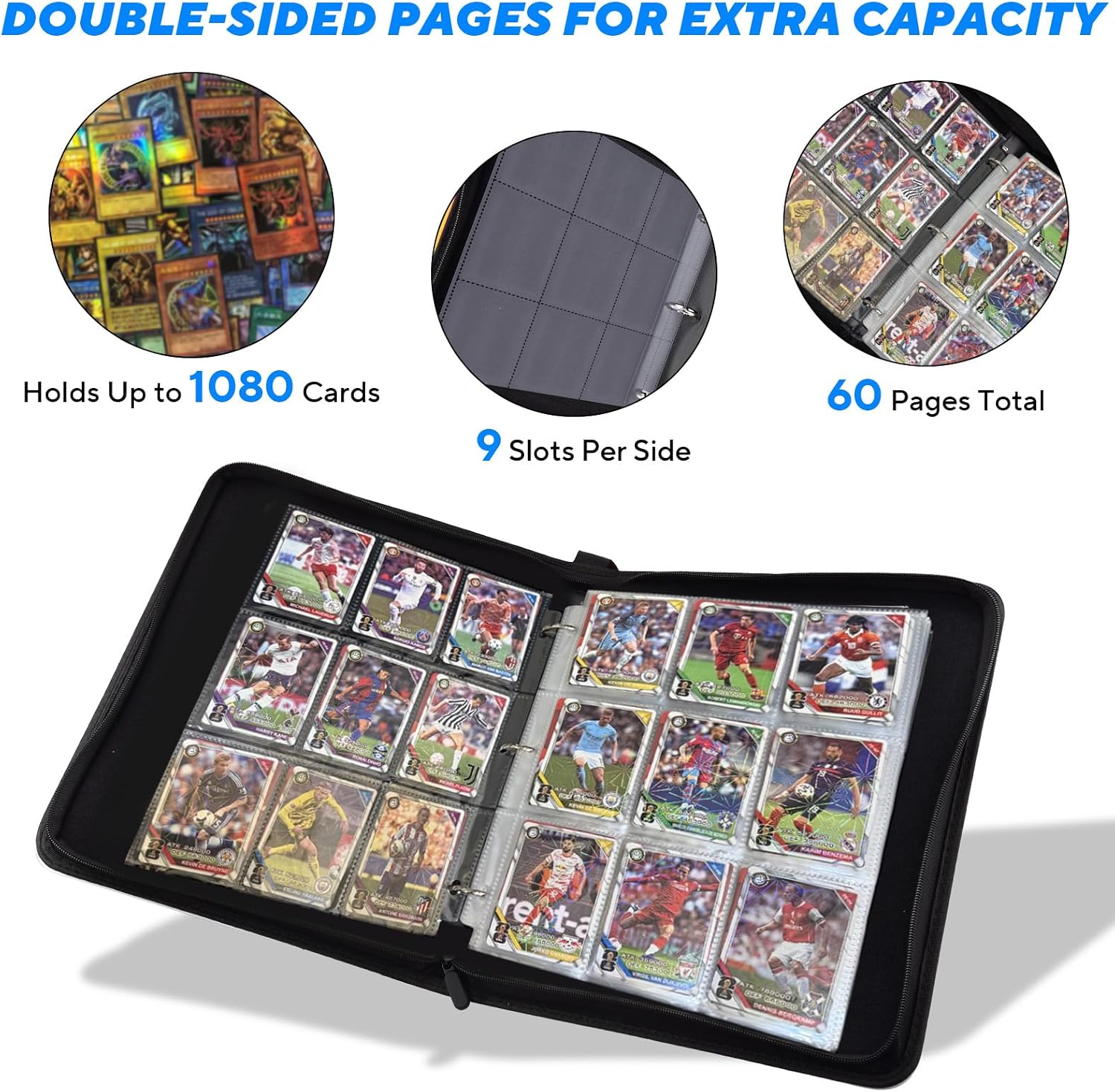 Portable 9-Pocket Trading Card Binder, Holds 1080 Cards | 60 Removable Double-Sided Sleeves, Baseball Card Binder