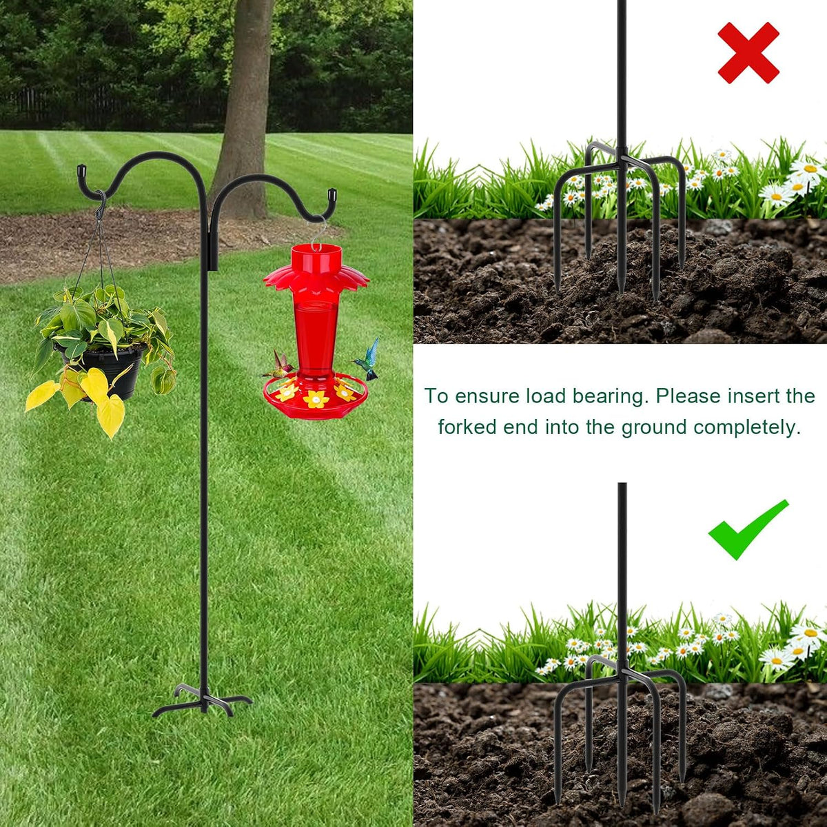 Double Shepherds Hook for Outdoor, 108 Inch Bird Feeder Pole with 5 Prongs Base, 5/8 Inch Thick Heavy Duty Adjustable