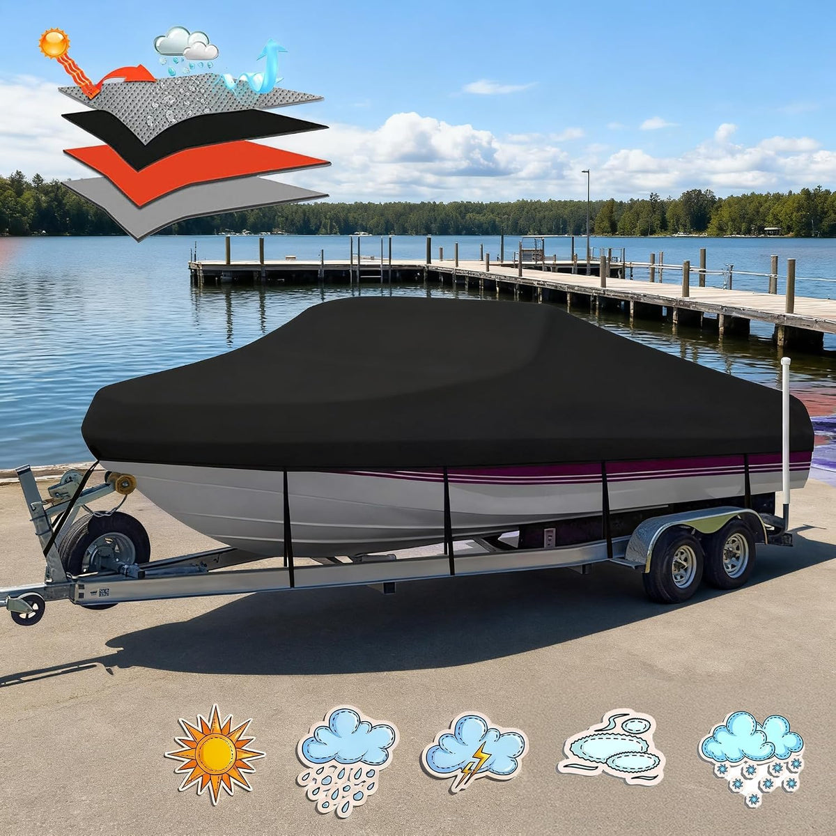 Boat Cover 800D 16-18.5 ft, Heavy Duty Waterproof Tarp Covers with Storage Bag, Fits V-Hull, Fish&Ski, Pro-Style